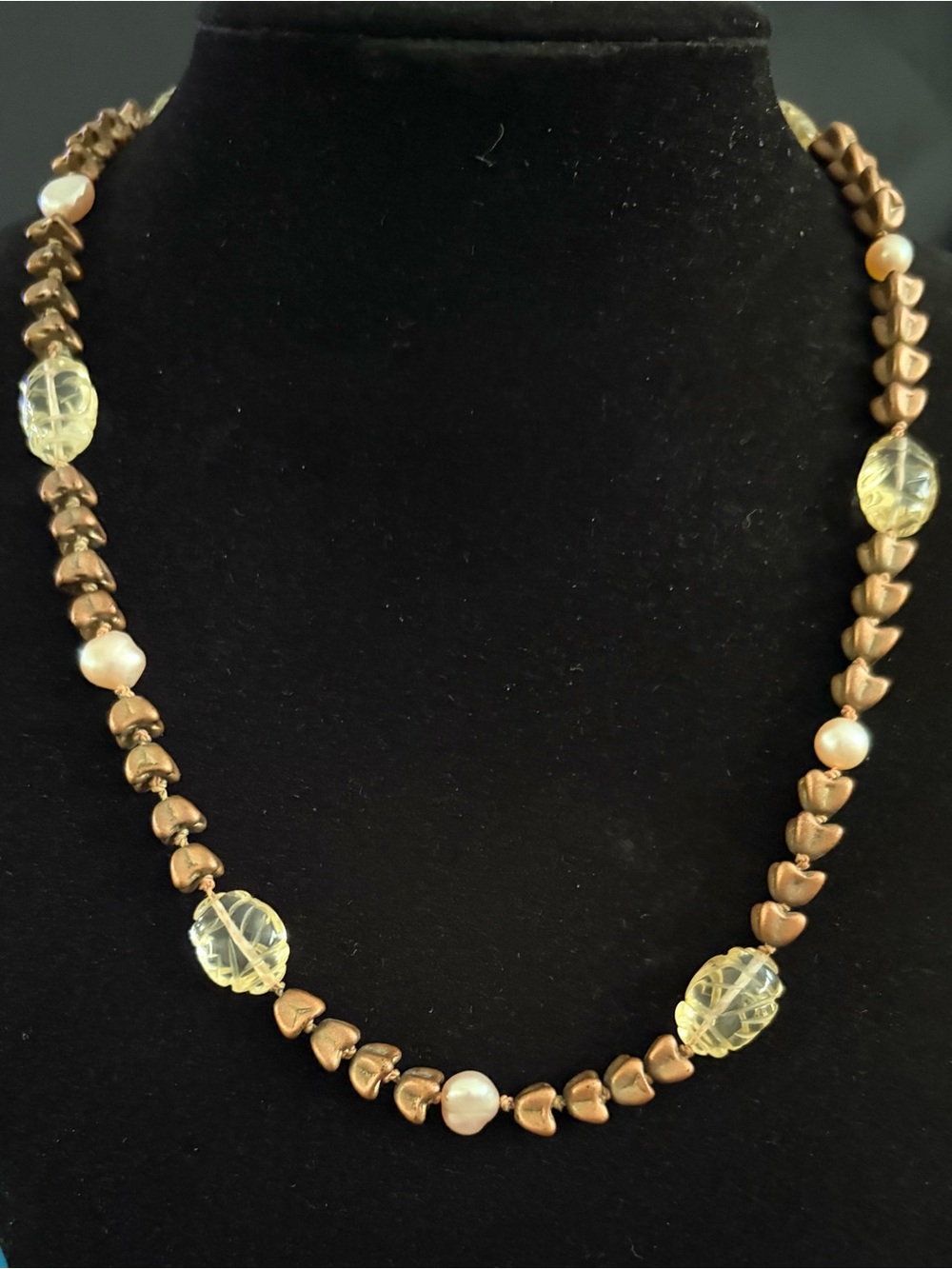 Gold-Tone Heart Bead Necklace with Pale Yellow Glass Accents